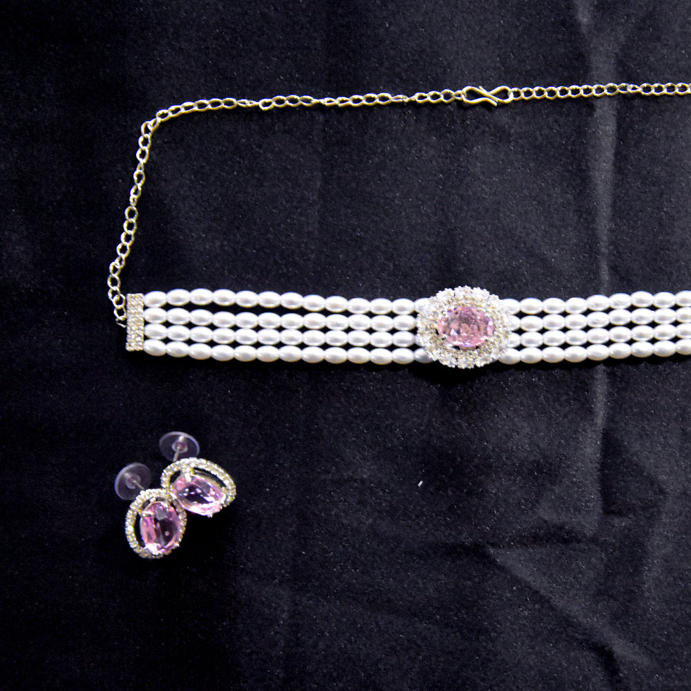 Classic pink stone and AD-studded pearl choker