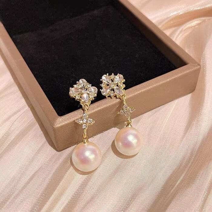 Rhinestone Pearl Flower Hoop Earrings for Women | Crystal Zircon Detailing | Light Luxury Jewelry for Girls & Party Gifts - Image 2