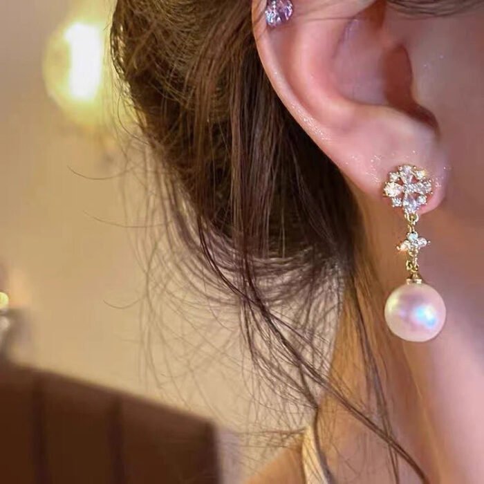 Rhinestone Pearl Flower Hoop Earrings for Women | Crystal Zircon Detailing | Light Luxury Jewelry for Girls & Party Gifts - Image 3