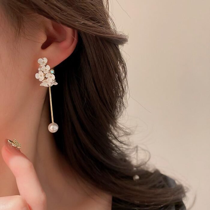 Dainty Floral Blossom Bead Long Dangle Earrings for Women | Elegant Flower Design Studs - Image 2