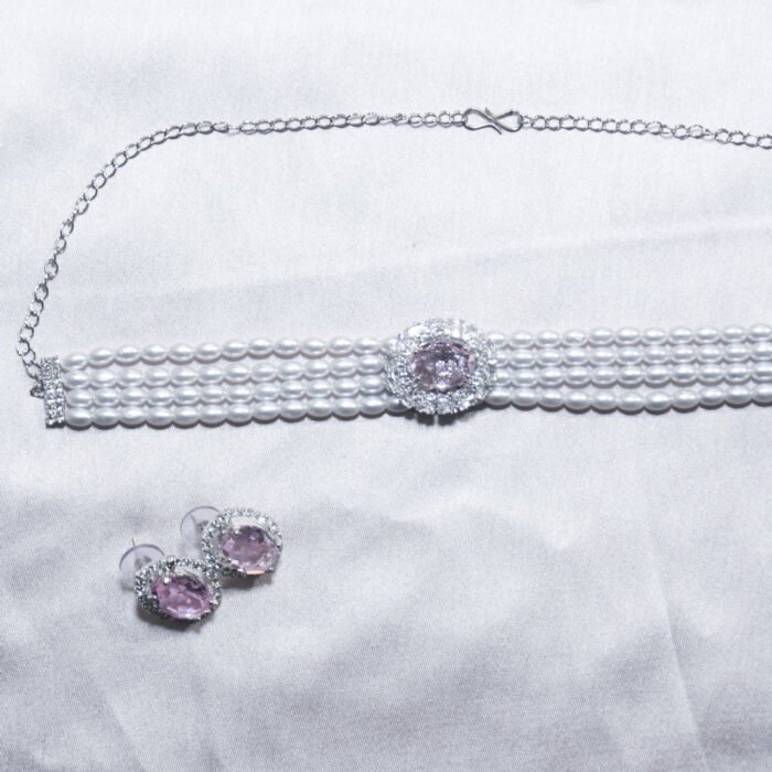 Classic pink stone and AD-studded pearl choker - Image 1