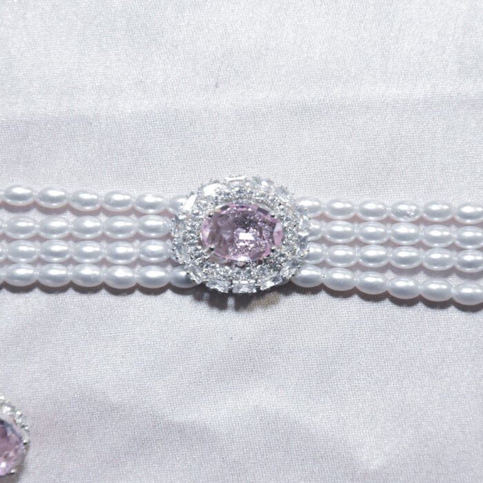 Classic pink stone and AD-studded pearl choker - Image 3