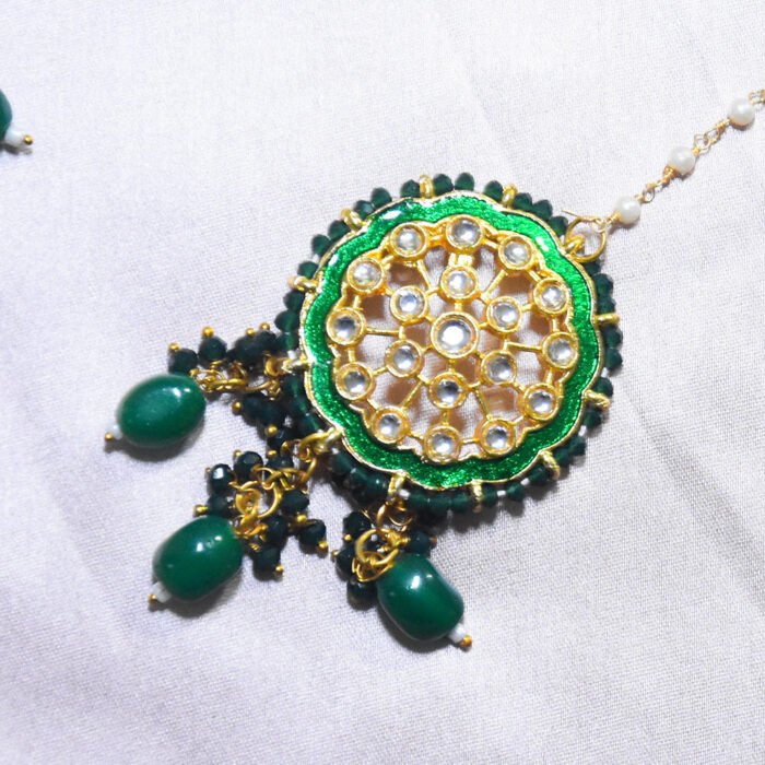 Green Multistrand Crystal Beads & Kundan Choker Necklace with Mang tikka - Image 3