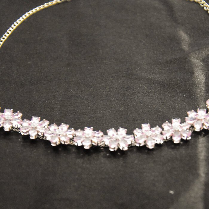 Rhodium Plated Silver American Diamond Studded Flower Shaped Neckalce - Image 6